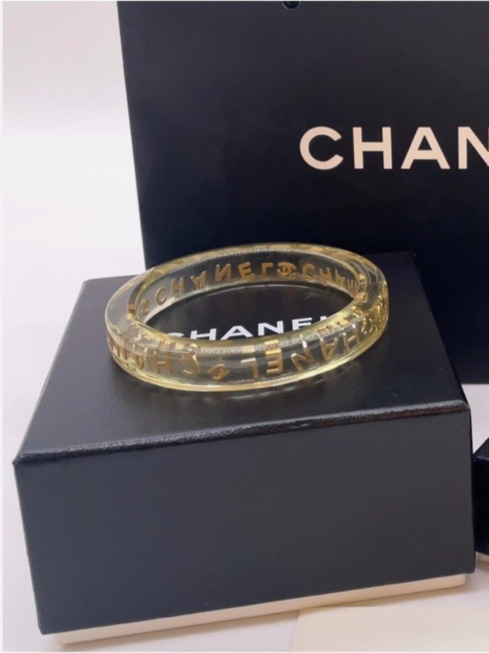 CHANEL LUCITE & Gold Letter Clear Acrylic Bangle - Picture 4 of 12